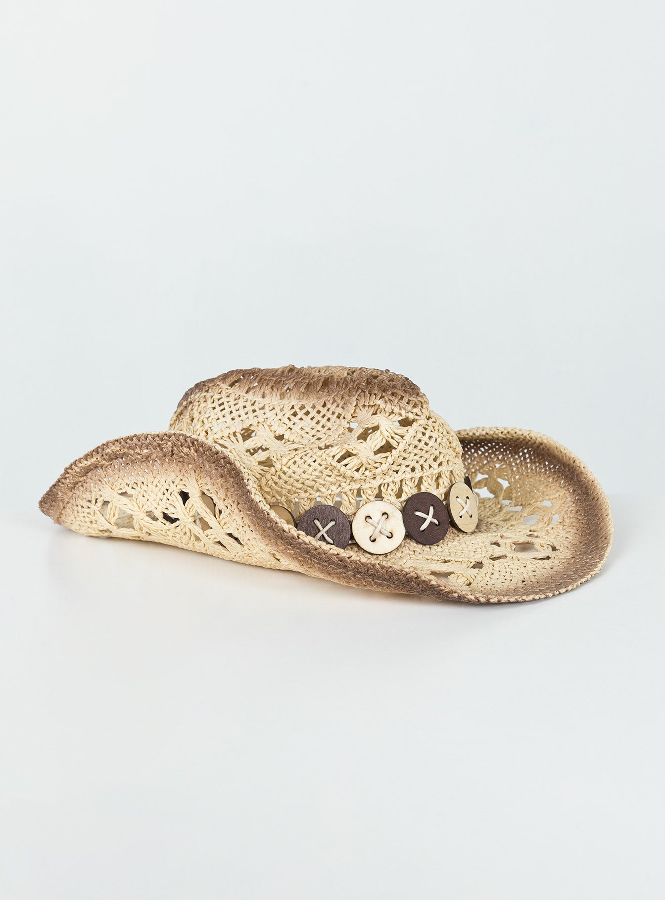 Cow boy hat Woven straw Curved wide brim  Internal adjustable drawstring Mouldable brim shape Bead detail