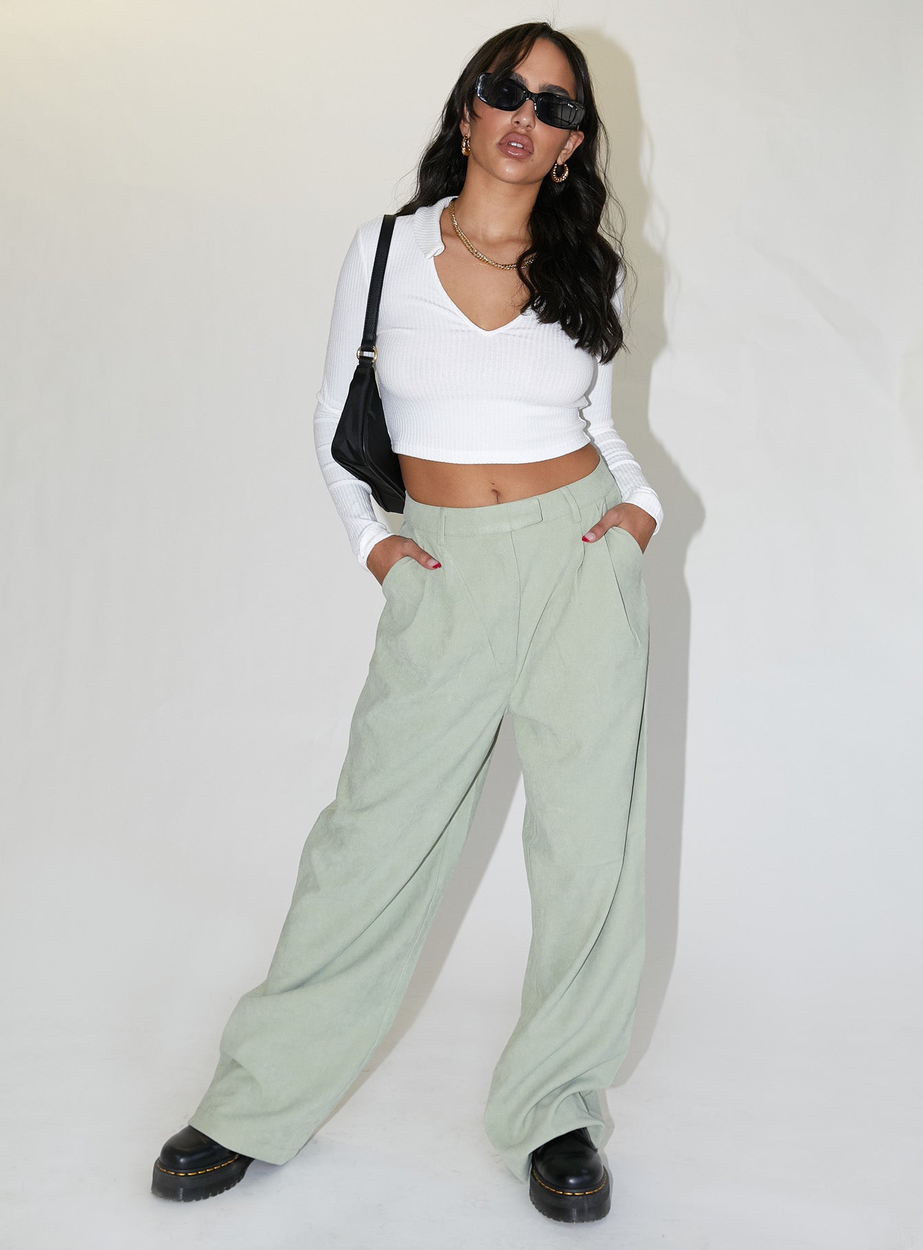 Front view of model wearing  front Princess Polly High Waisted Pants High Waisted Pants  Alicja Pants Green