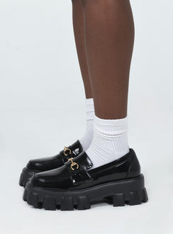 Loafers Faux patent leather Platform base Treaded sole Gold-toned snaffle detail Rounded toe