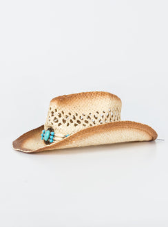 Cowboy hat Woven straw Curved wide brim  Internal adjustable drawstring Mouldable brim shape Bead detail