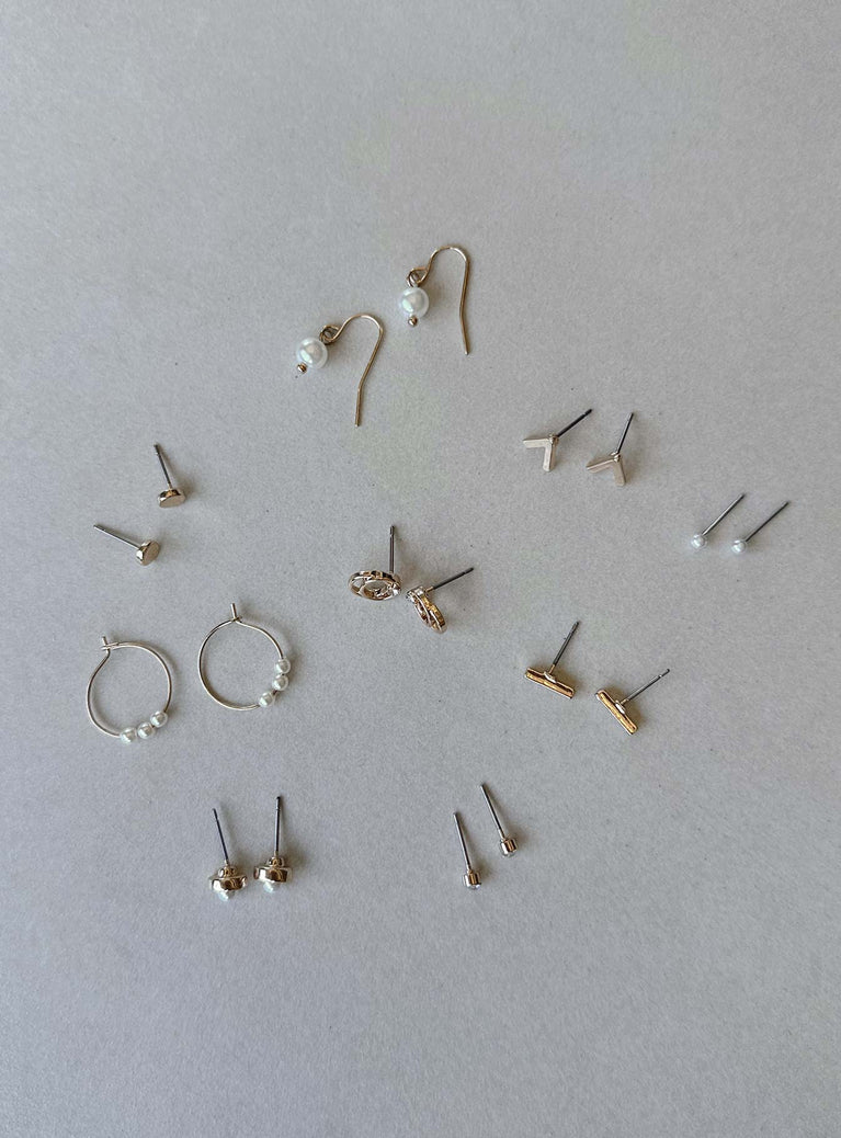 Earring pack Pack of nine pairs Gold-toned Stud, hoop & hook fastening Pearl & diamante detail