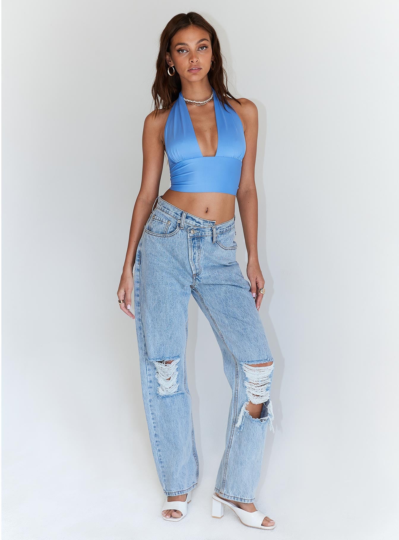 front view of model wearing Princess Polly Disco Dreams Top Blue 