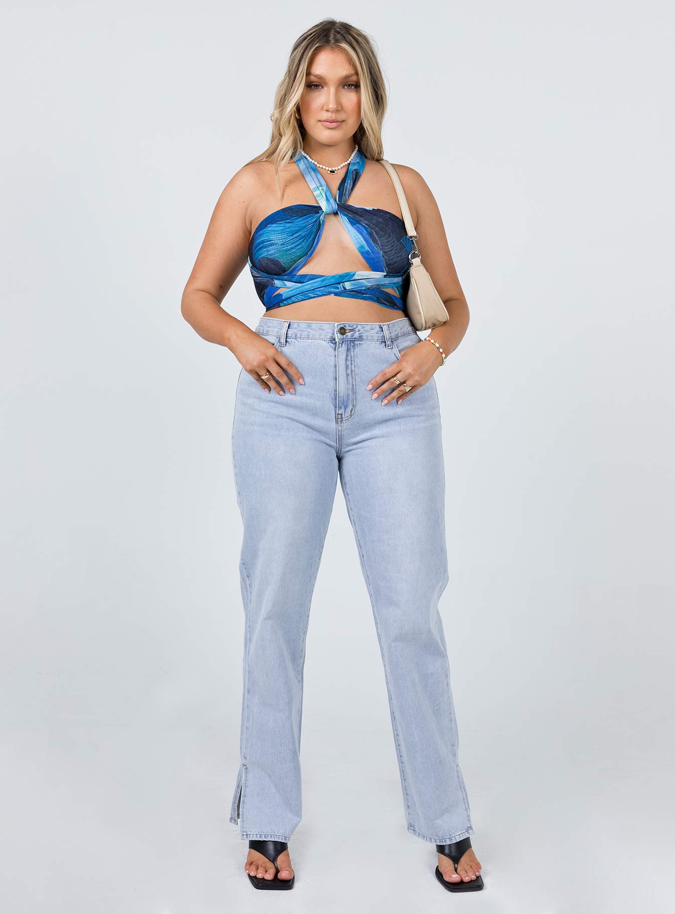 front view of model wearing Princess Polly Atkins Top Blue 