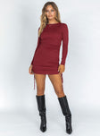 front view of model wearing Princess Polly Military Minds Long Sleeve Mini Dress Plum 