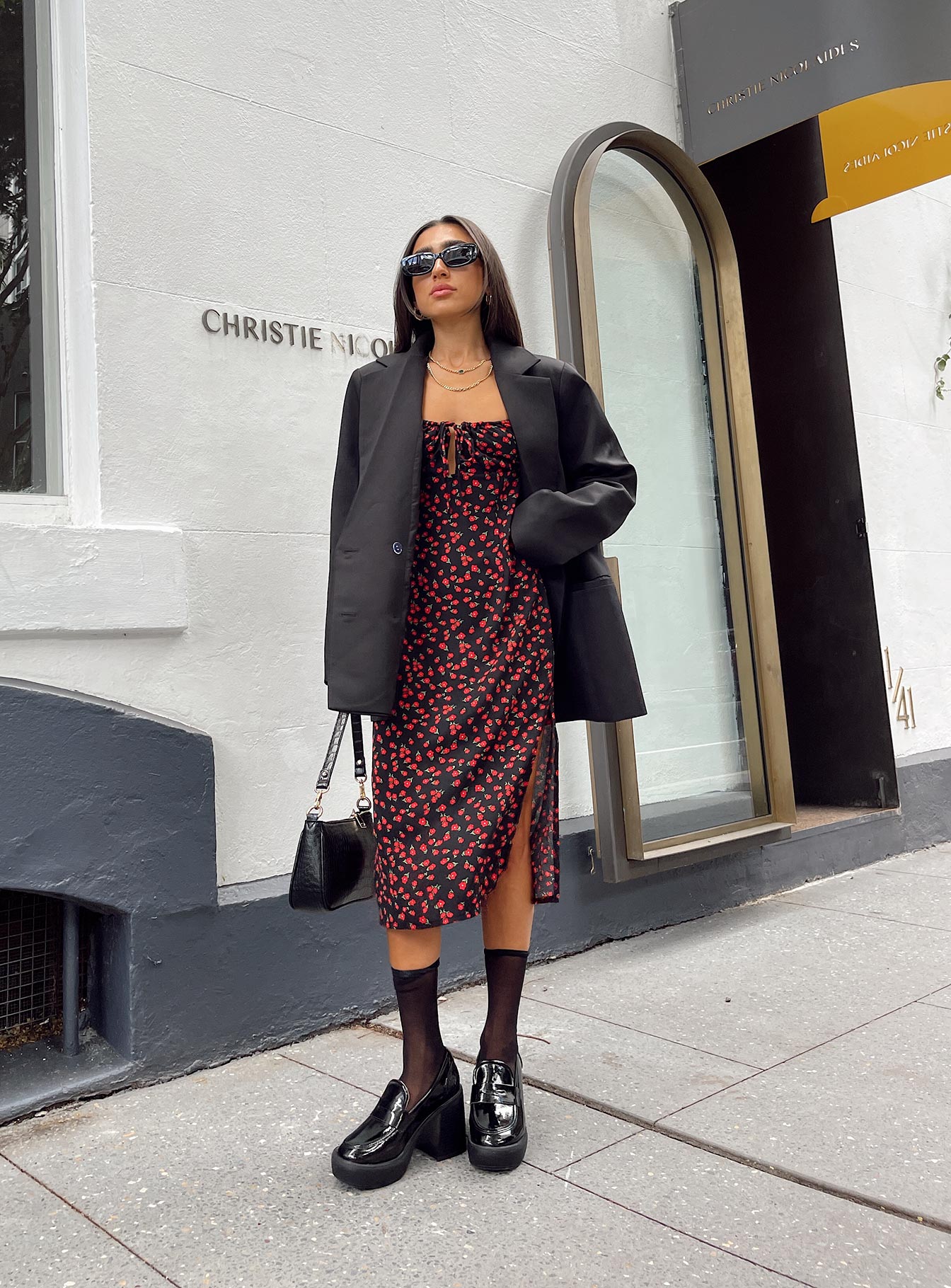 front view of model wearing Princess Polly Noda Midi Dress Black/Red 