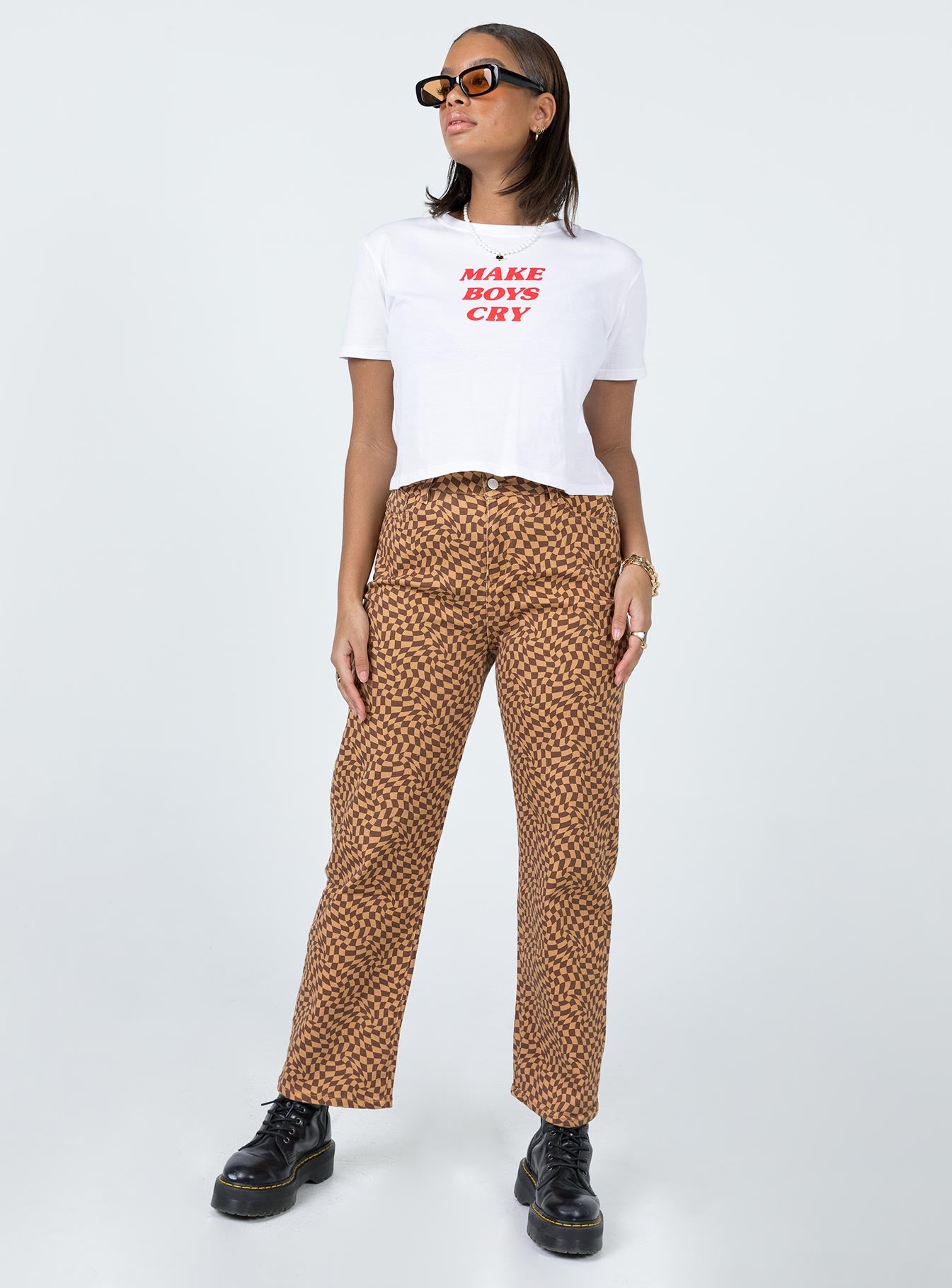 front view of model wearing Princess Polly Motel Shrunk Tee White Make Boys Cry 