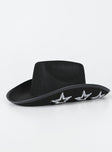 Cowboy hat Faux felt material  Adjustable chin strap  Semi-stiff brim  OSFM 