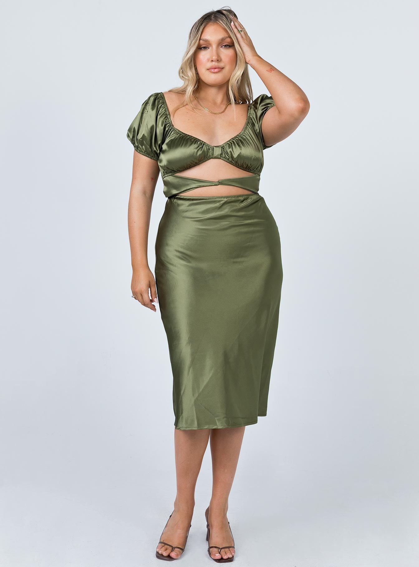 front view of model wearing Princess Polly Nakita Midi Dress Khaki 