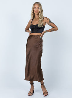   front view of model wearing Princess Polly Tyra Satin Midi Skirt Brown 
