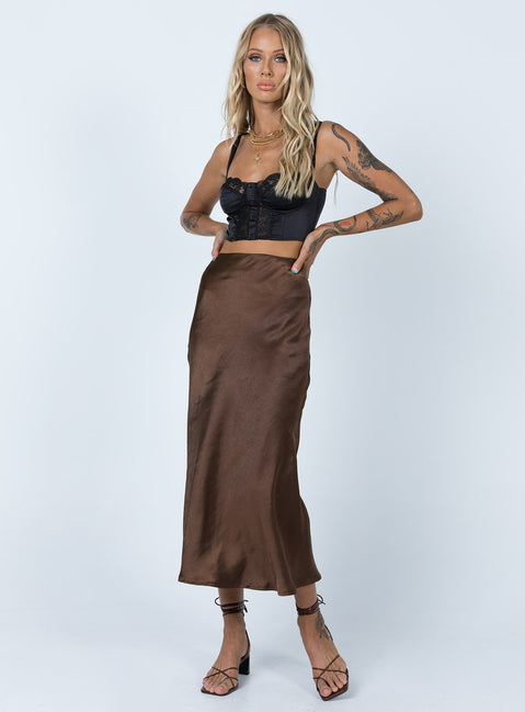   front view of model wearing Princess Polly Tyra Satin Midi Skirt Brown 