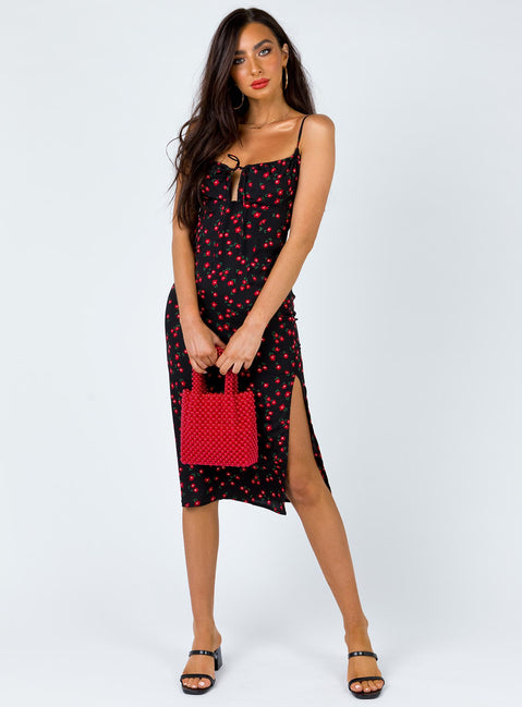side view of model wearing Princess Polly Noda Midi Dress Black/Red 