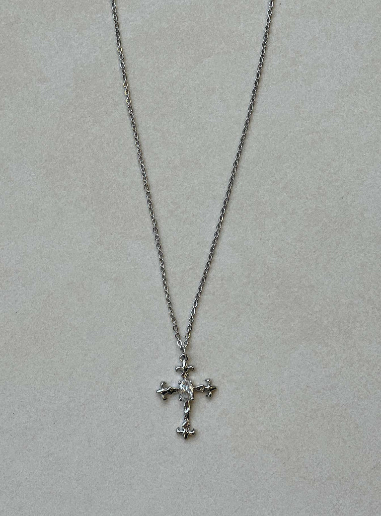 Necklace Dainty silver-toned chain Cross drop charm Diamante detailing Lobster clip fastening
