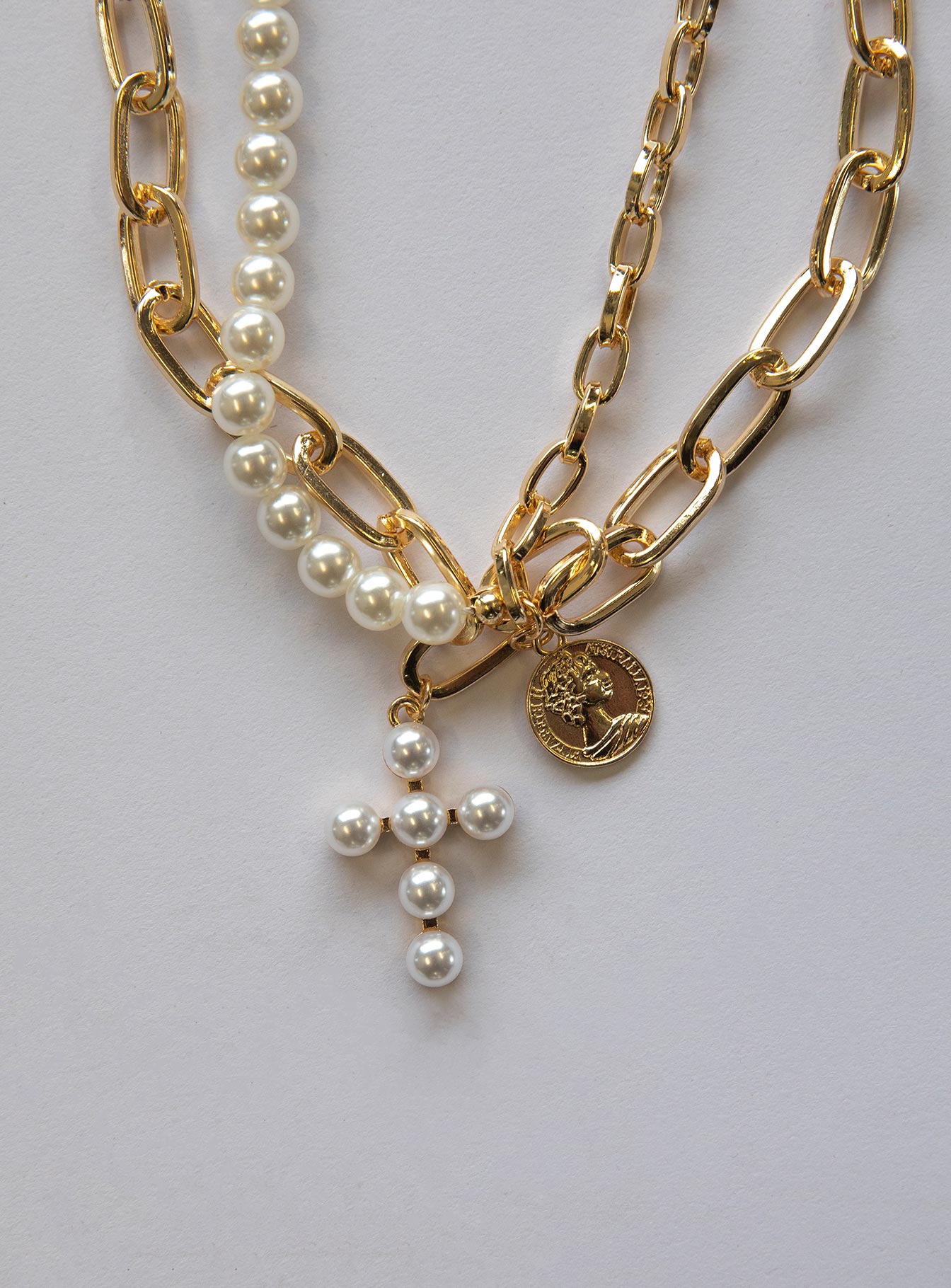 Necklace set Gold toned Thick chain Faux pearl detailing Cross charm
