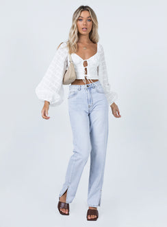 front view of model wearing Princess Polly Riley Long Sleeve Top White 