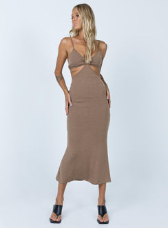 front view of model wearing Princess Polly Jocelyn Cut Out Midi Dress Brown 