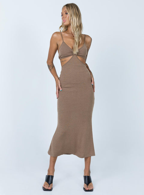 front view of model wearing Princess Polly Jocelyn Cut Out Midi Dress Brown 