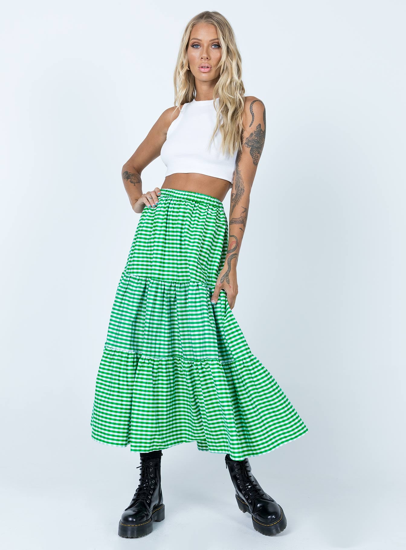   front view of model wearing Princess Polly Hale Midi Skirt Green 