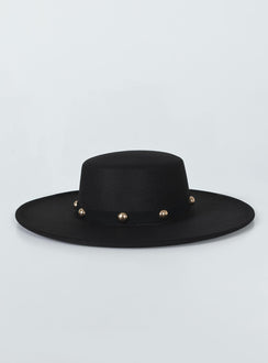 Wide brim hat  65% Polyester 35% Cotton  Faux felt material  Gold stud detail  Removable outer head-band  Adjustable inner band 