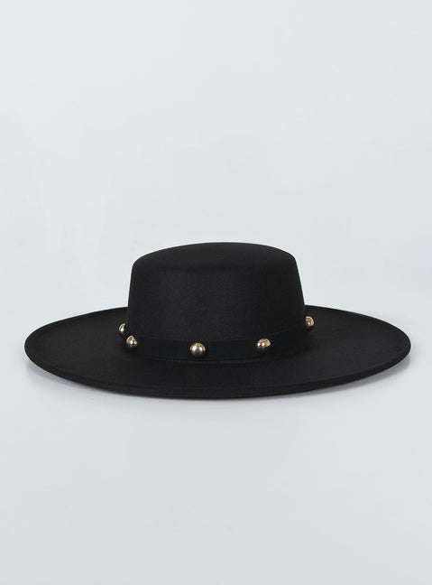 Wide brim hat  65% Polyester 35% Cotton  Faux felt material  Gold stud detail  Removable outer head-band  Adjustable inner band 