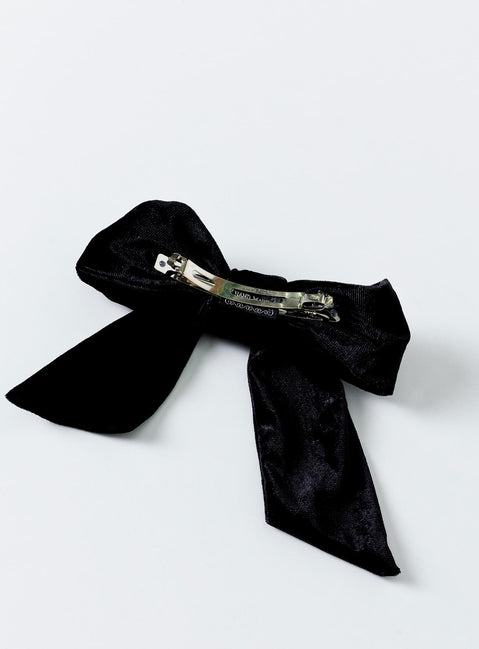 Black Bow hair clip  90% polyester 5% spandex 5% iron Velour material  Silver-toned hardware  Snap slip fastening
