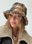 Bucket hat Faux fur Plaid print Soft short brim Adjustable ties inside Fully lined