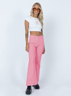 side view of model wearing Princess Polly Cabarita Lounge Denim Jeans Pink High Waisted 