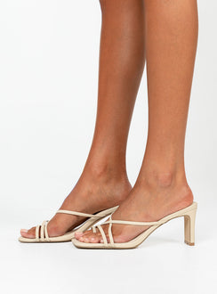 Heels Faux leather material Strappy upper Shaved block heel Square toe