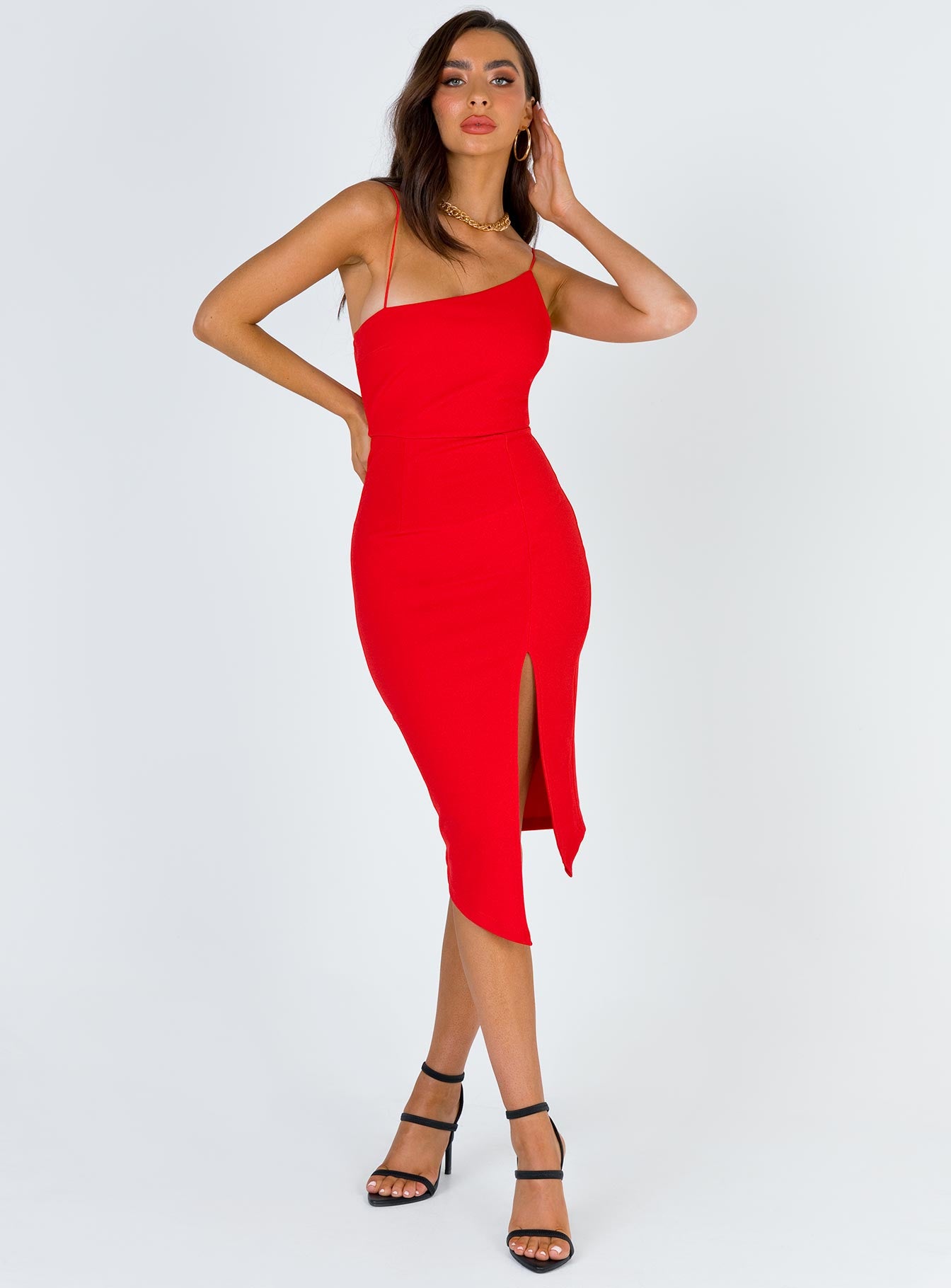 front view of model wearing Princess Polly Aero Midi Dress Red 