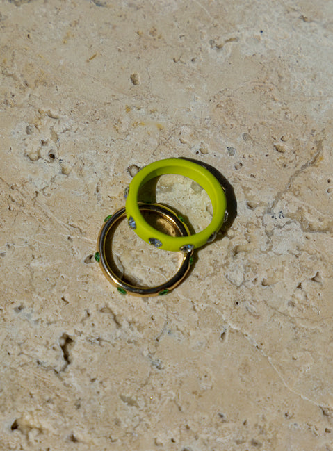 Ring pack  Princess Polly Exclusive 60% acrylic 40% zinc alloy Pack of two  Gold-toned band Green acrylic band  Diamante studs 