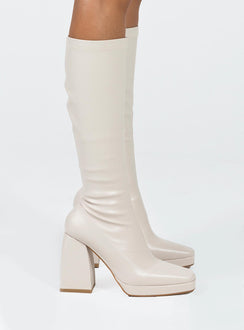 Knee-high boots Faux leather material Square toe Platform base Block heel Zip fastening at side Padded footbed