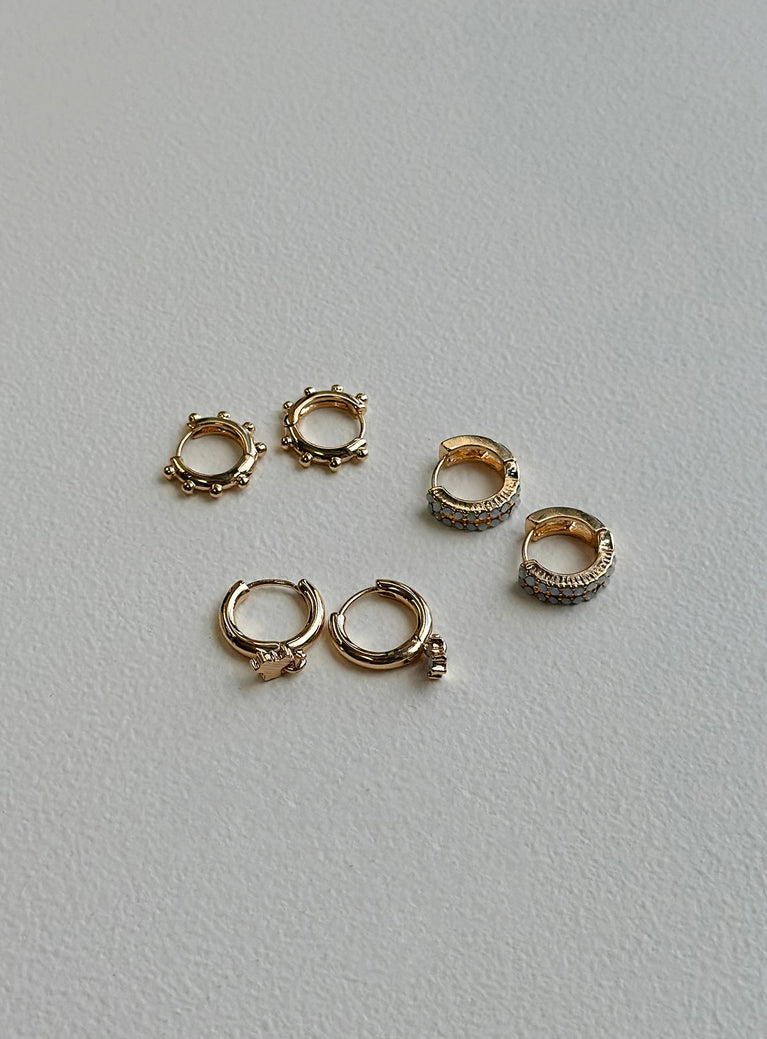 Earring pack Pack of three sets Hoop fastening Gold toned Gemstone detail