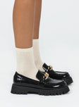 Loafers  Faux patent leather  Gold chain snaffle Chunky treaded sole Rounded toe Padded footbed