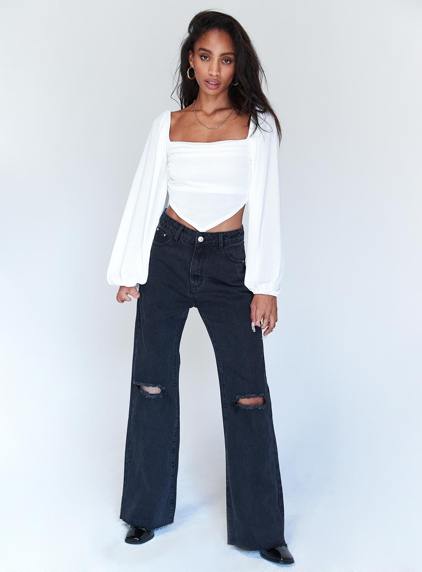 front view of model wearing Princess Polly Londyn Denim Jeans Black Mid Rise 