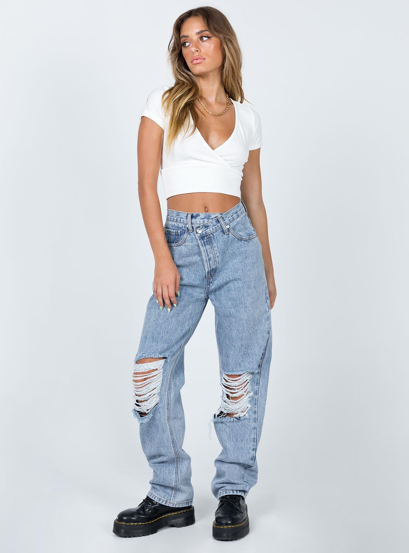 product Princess Polly Mid Rise  Holly Asymmetric Ripped Leg Jeans Light Wash Denim