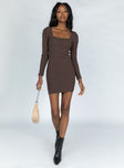 front view of model wearing Princess Polly Denielle Mini Dress Chocolate 