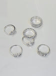 Ring pack Set of six Silver toned Each style differs Diamante detail Lightweight