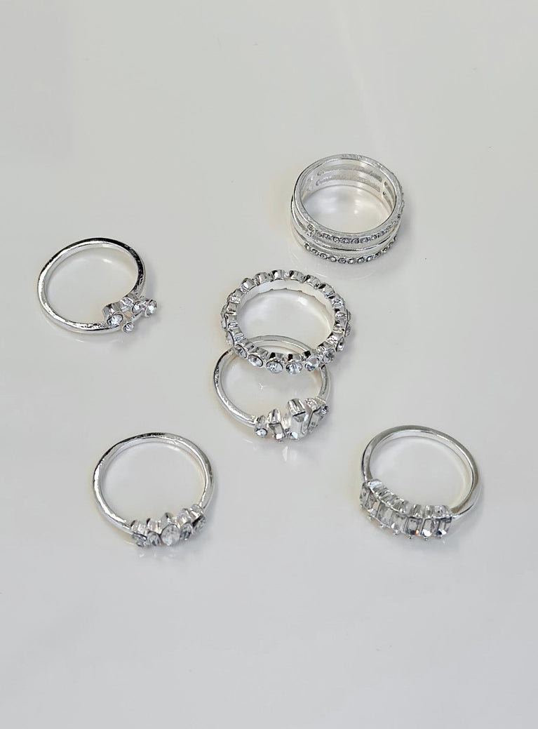 Ring pack Set of six Silver toned Each style differs Diamante detail Lightweight