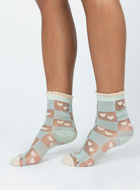 Blue and beige socks Shimmer mesh material Heart print