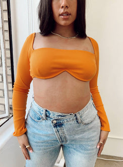 front view of model wearing Princess Polly Becca Long Sleeve Crop Top Orange Curve 
