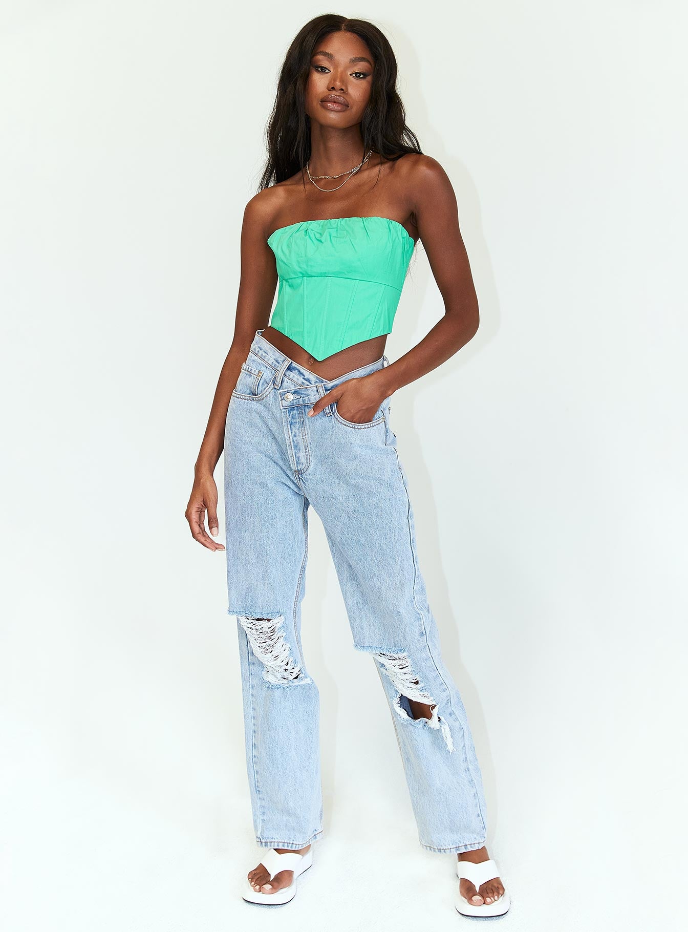 front view of model wearing Princess Polly Bad Gal Bustier Green 