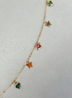 Chain belt Gold toned Drop charms Gemstone and butterfly detail