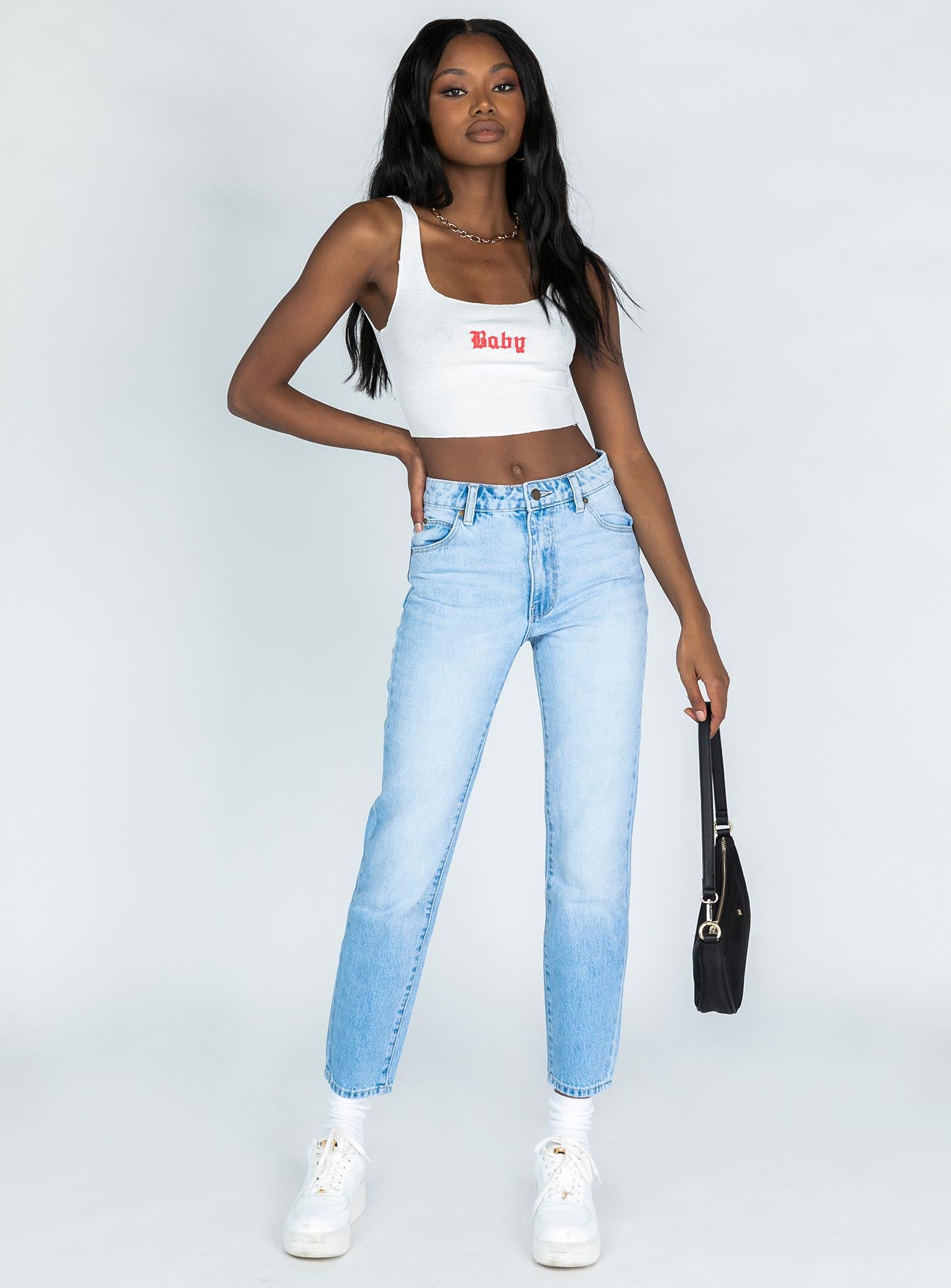 Front view of model wearing  front Princess Polly High Waisted  Rollas Miller Skinny Horizon Denim