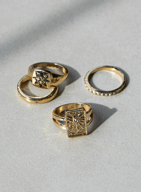 Gold Rings Pack of four  Two signet styles  Two slim bands  Gold-toned 