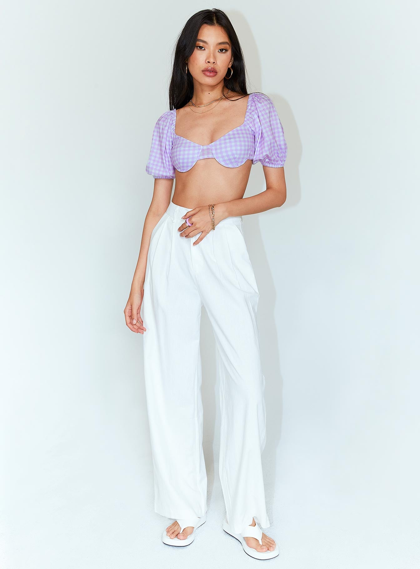 front view of model wearing Princess Polly Ayla Linen Pants White 