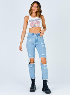 front view of model wearing Princess Polly Erissa Knee Rip Jeans Light Wash Denim Mid Rise 