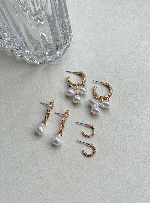 Earring pack Pack of three Hoop look Stud fastening Pearl drop charms