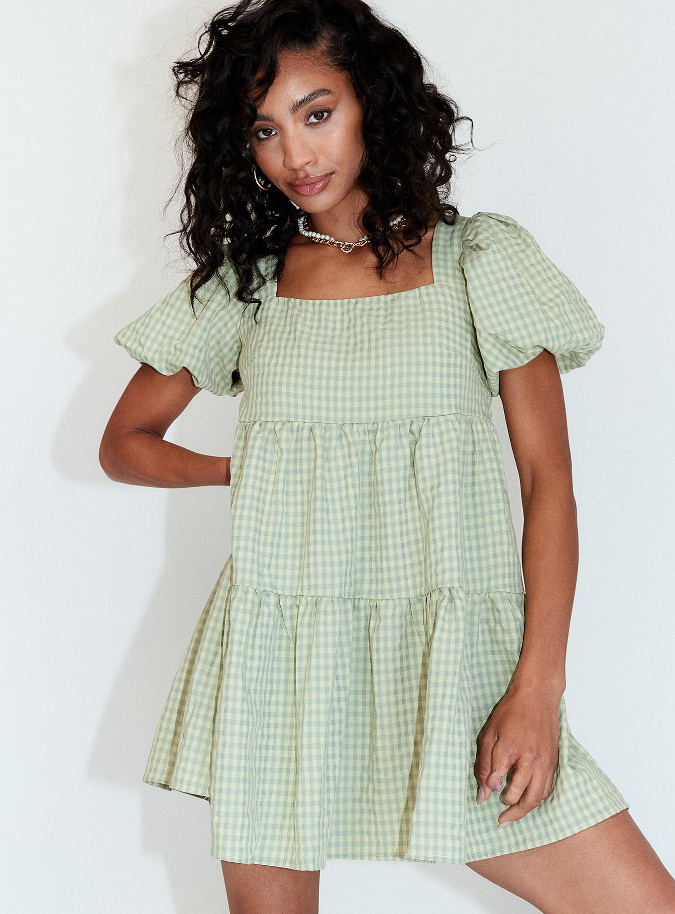 front view of model wearing Princess Polly Zalia Mini Dress Green 