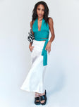   side view of model wearing Princess Polly Tyra Satin Midi Skirt White 