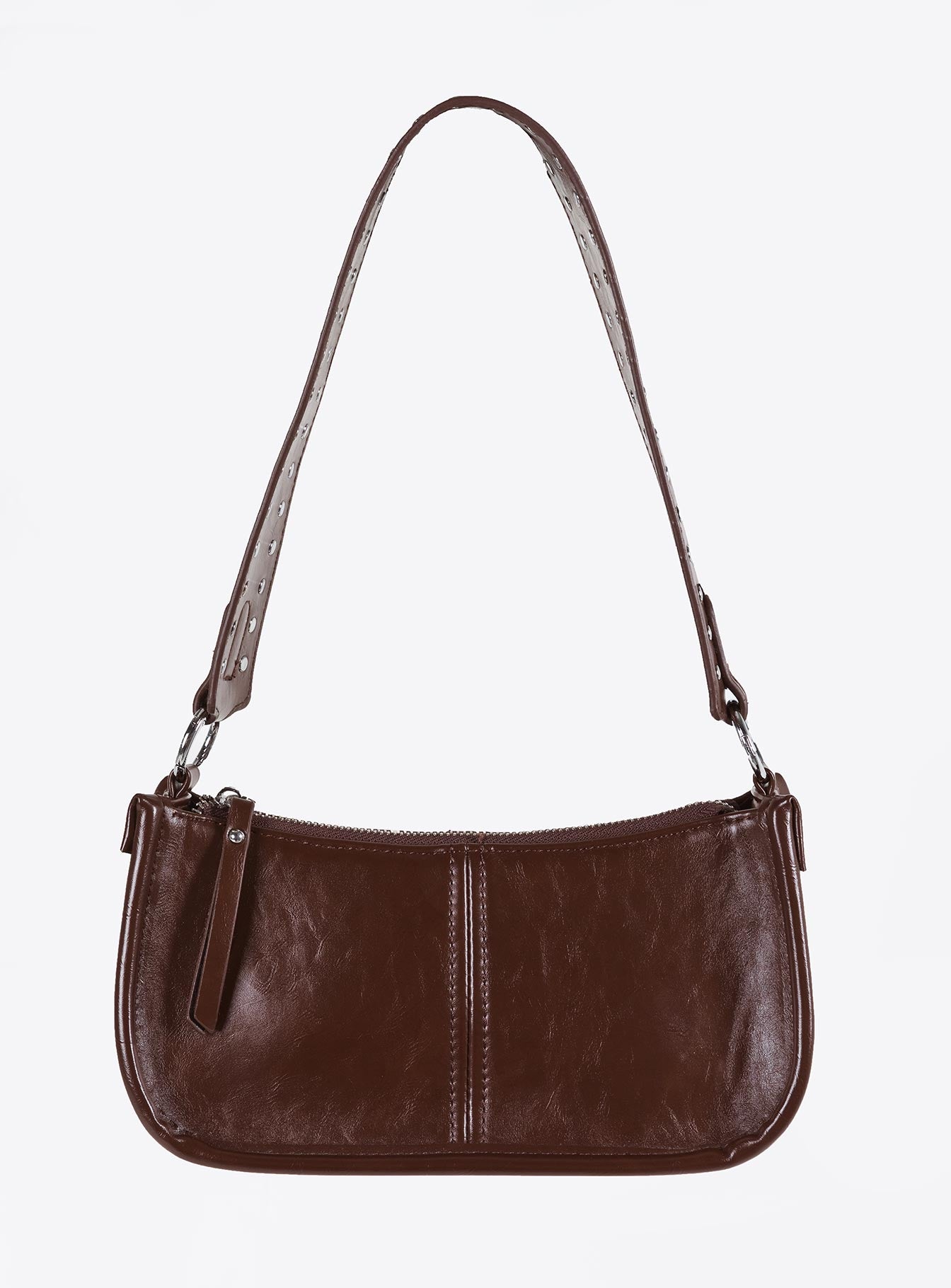 Dark brown bag Faux leather material Zip fastening Adjustable & removable cross-body strap Removable fixed shoulder strap Internal pocket Silver toned hardware Flat base