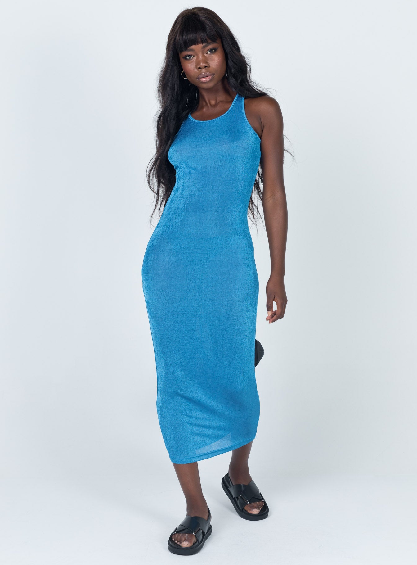 side view of model wearing Princess Polly Everlast Midi Dress Blue 